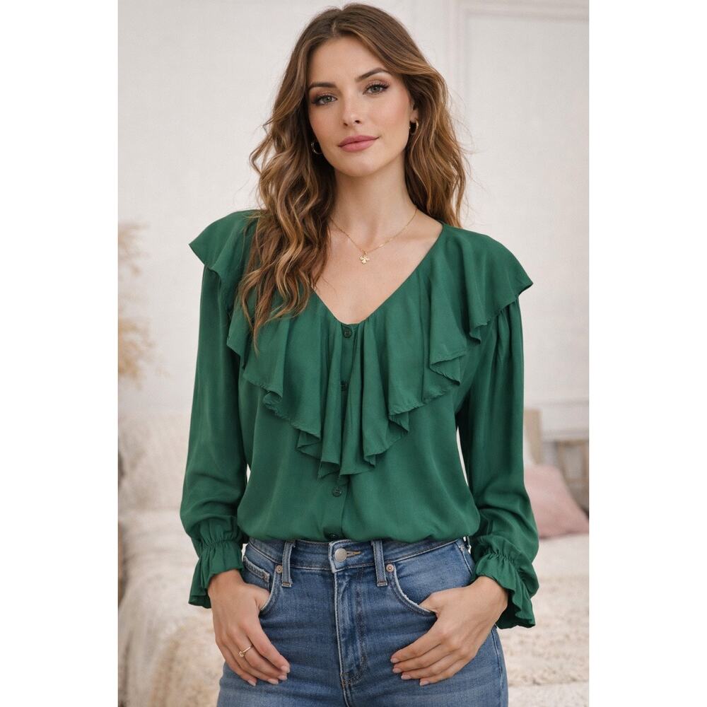 Vintage‎ 90s Emerald Green Poet Blouse Romantic Oversized Top S Cottage Peasant